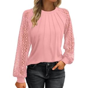 imageATHMILE Womens Long Sleeve Shirts Lace Tops Business Casual Outfits Dressy Fall Fashion BlousesCoral