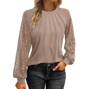 imageATHMILE Womens Long Sleeve Shirts Lace Tops Business Casual Outfits Dressy Fall Fashion BlousesKhaki