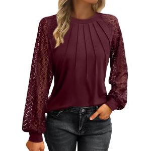imageATHMILE Womens Long Sleeve Shirts Lace Tops Business Casual Outfits Dressy Fall Fashion BlousesWine Red