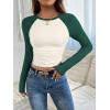 imageATHMILE Womens Long Sleeve Shirts Slim Fit Stretchy Color Block Slightly Cropped TopsBeige Emerald Combo