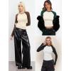 imageATHMILE Womens Long Sleeve Shirts Slim Fit Stretchy Color Block Slightly Cropped TopsBeige Emerald Combo
