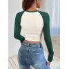 imageATHMILE Womens Long Sleeve Shirts Slim Fit Stretchy Color Block Slightly Cropped TopsBeige Emerald Combo