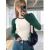 imageATHMILE Womens Long Sleeve Shirts Slim Fit Stretchy Color Block Slightly Cropped TopsBeige Emerald Combo