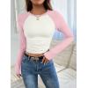 imageATHMILE Womens Long Sleeve Shirts Slim Fit Stretchy Color Block Slightly Cropped TopsBeige Pink Combo