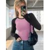 imageATHMILE Womens Long Sleeve Shirts Slim Fit Stretchy Color Block Slightly Cropped TopsPink Black Combo