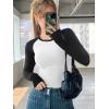 imageATHMILE Womens Long Sleeve Shirts Slim Fit Stretchy Color Block Slightly Cropped TopsWhite Black Combo