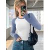 imageATHMILE Womens Long Sleeve Shirts Slim Fit Stretchy Color Block Slightly Cropped TopsWhite Blue Combo