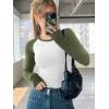 imageATHMILE Womens Long Sleeve Shirts Slim Fit Stretchy Color Block Slightly Cropped TopsWhite Green Combo