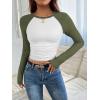 imageATHMILE Womens Long Sleeve Shirts Slim Fit Stretchy Color Block Slightly Cropped TopsWhite Green Combo