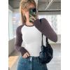 imageATHMILE Womens Long Sleeve Shirts Slim Fit Stretchy Color Block Slightly Cropped TopsWhite Mauve Combo