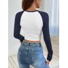 imageATHMILE Womens Long Sleeve Shirts Slim Fit Stretchy Color Block Slightly Cropped TopsWhite Navy Combo