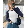 imageATHMILE Womens Long Sleeve Shirts Slim Fit Stretchy Color Block Slightly Cropped TopsWhite Navy Combo