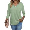 imageATHMILE Womens 34 Length Sleeve Tops V Neck Shirts Business Casual Dressy Blouse Loose Fit Basic Tee with PocketLightgreen