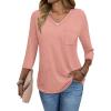 imageATHMILE Womens 34 Length Sleeve Tops V Neck Shirts Business Casual Dressy Blouse Loose Fit Basic Tee with PocketPink