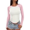 imageATHMILE Womens Long Sleeve Shirts Slim Fit Stretchy Color Block Slightly Cropped TopsBeige Pink Combo