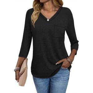 imageATHMILE Womens 34 Length Sleeve Tops V Neck Shirts Business Casual Dressy Blouse Loose Fit Basic Tee with PocketBlack