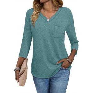 imageATHMILE Womens 34 Length Sleeve Tops V Neck Shirts Business Casual Dressy Blouse Loose Fit Basic Tee with PocketBluegreen