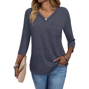 imageATHMILE Womens 34 Length Sleeve Tops V Neck Shirts Business Casual Dressy Blouse Loose Fit Basic Tee with PocketDarkblue