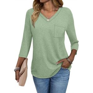 imageATHMILE Womens 34 Length Sleeve Tops V Neck Shirts Business Casual Dressy Blouse Loose Fit Basic Tee with PocketLightgreen