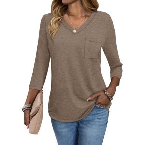 imageATHMILE Womens 34 Length Sleeve Tops V Neck Shirts Business Casual Dressy Blouse Loose Fit Basic Tee with PocketNutmeg