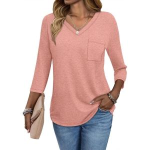 imageATHMILE Womens 34 Length Sleeve Tops V Neck Shirts Business Casual Dressy Blouse Loose Fit Basic Tee with PocketPink