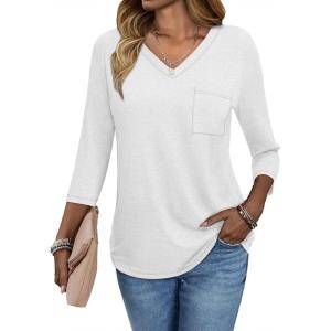imageATHMILE Womens 34 Length Sleeve Tops V Neck Shirts Business Casual Dressy Blouse Loose Fit Basic Tee with PocketWhite