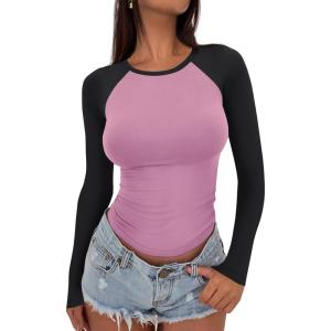 imageATHMILE Womens Long Sleeve Shirts Slim Fit Stretchy Color Block Slightly Cropped TopsPink Black Combo