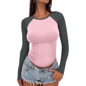 imageATHMILE Womens Long Sleeve Shirts Slim Fit Stretchy Color Block Slightly Cropped TopsPink Charcoal Combo
