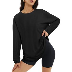 imageATHMILE Womens Oversized Long Sleeve T Shirts Basic Crewneck Tee Fall Tops Casual Workout Fashion Casual Y2K ClothesBlack