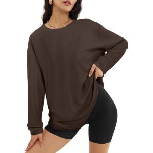 imageATHMILE Womens Oversized Long Sleeve T Shirts Basic Crewneck Tee Fall Tops Casual Workout Fashion Casual Y2K ClothesBrown
