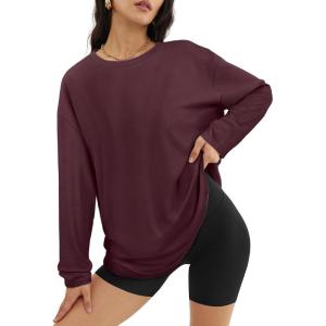 imageATHMILE Womens Oversized Long Sleeve T Shirts Basic Crewneck Tee Fall Tops Casual Workout Fashion Casual Y2K ClothesBurgundy