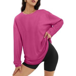 imageATHMILE Womens Oversized Long Sleeve T Shirts Basic Crewneck Tee Fall Tops Casual Workout Fashion Casual Y2K ClothesHot Pink