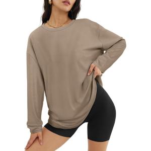 imageATHMILE Womens Oversized Long Sleeve T Shirts Basic Crewneck Tee Fall Tops Casual Workout Fashion Casual Y2K ClothesKhaki