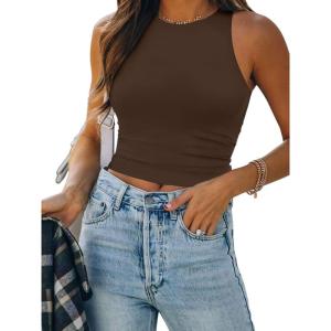 imageATHMILE Womens Double Lined Crop Tank Tops Casual Basic Shirts Sleeveless Workout Tops Cute Summer Clothes Teen GirlsBrown