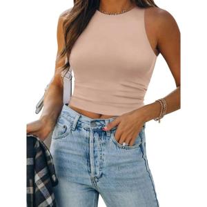 imageATHMILE Womens Double Lined Crop Tank Tops Casual Basic Shirts Sleeveless Workout Tops Cute Summer Clothes Teen GirlsPink