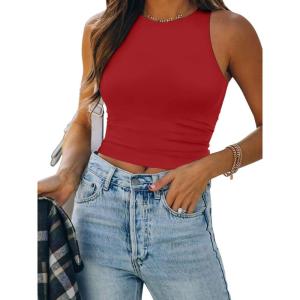 imageATHMILE Womens Double Lined Crop Tank Tops Casual Basic Shirts Sleeveless Workout Tops Cute Summer Clothes Teen GirlsRed