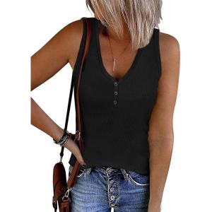 imageATHMILE Womens Tank Tops Summer V Neck Sleeveless Ribbed Button Casual Henley Basic ShirtsBlack