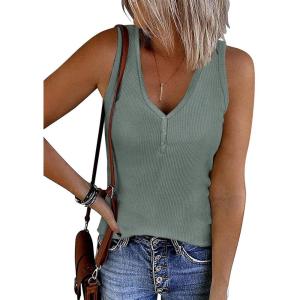 imageATHMILE Womens Tank Tops Summer V Neck Sleeveless Ribbed Button Casual Henley Basic ShirtsBlue Grey