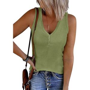 imageATHMILE Womens Tank Tops Summer V Neck Sleeveless Ribbed Button Casual Henley Basic ShirtsGreen