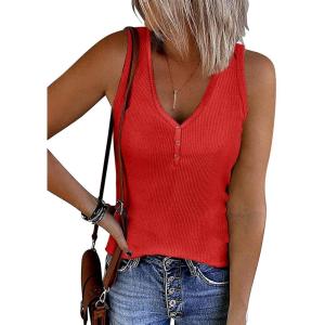 imageATHMILE Womens Tank Tops Summer V Neck Sleeveless Ribbed Button Casual Henley Basic ShirtsRed
