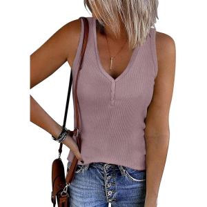 imageATHMILE Womens Tank Tops Summer V Neck Sleeveless Ribbed Button Casual Henley Basic ShirtsTaro