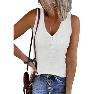 imageATHMILE Womens Tank Tops Summer V Neck Sleeveless Ribbed Button Casual Henley Basic ShirtsWhite