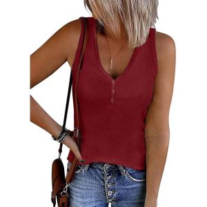 imageATHMILE Womens Tank Tops Summer V Neck Sleeveless Ribbed Button Casual Henley Basic ShirtsWine Red