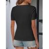 imageATHMILE Womens Short Sleeve V Neck Ribbed Knit Button T Shirts Henley Solid Color Summer TopsBlack
