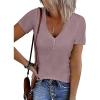 imageATHMILE Womens Short Sleeve V Neck Ribbed Knit Button T Shirts Henley Solid Color Summer TopsTaro