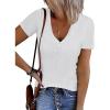 imageATHMILE Womens Short Sleeve V Neck Ribbed Knit Button T Shirts Henley Solid Color Summer TopsWhite