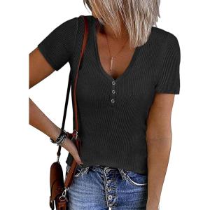 imageATHMILE Womens Short Sleeve V Neck Ribbed Knit Button T Shirts Henley Solid Color Summer TopsBlack