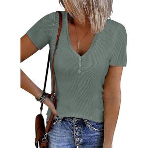 imageATHMILE Womens Short Sleeve V Neck Ribbed Knit Button T Shirts Henley Solid Color Summer TopsBluegrey
