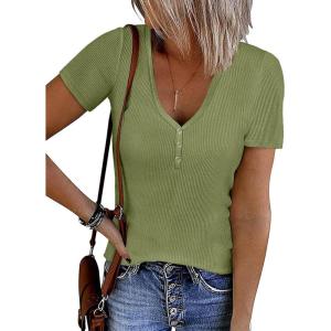 imageATHMILE Womens Short Sleeve V Neck Ribbed Knit Button T Shirts Henley Solid Color Summer TopsGreen