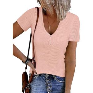 imageATHMILE Womens Short Sleeve V Neck Ribbed Knit Button T Shirts Henley Solid Color Summer TopsPink